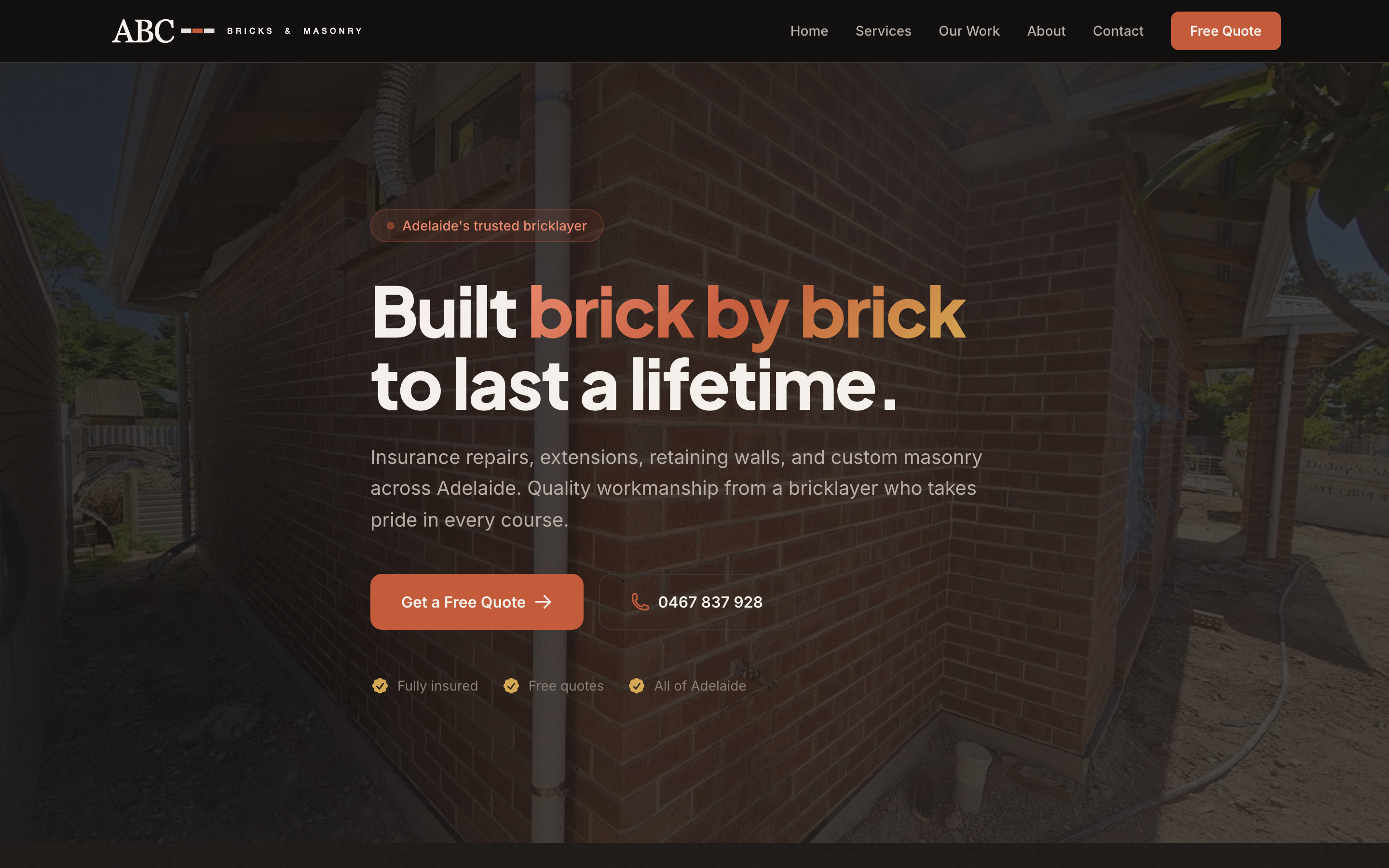 ABC Bricks & Masonry homepage with editorial serif headline