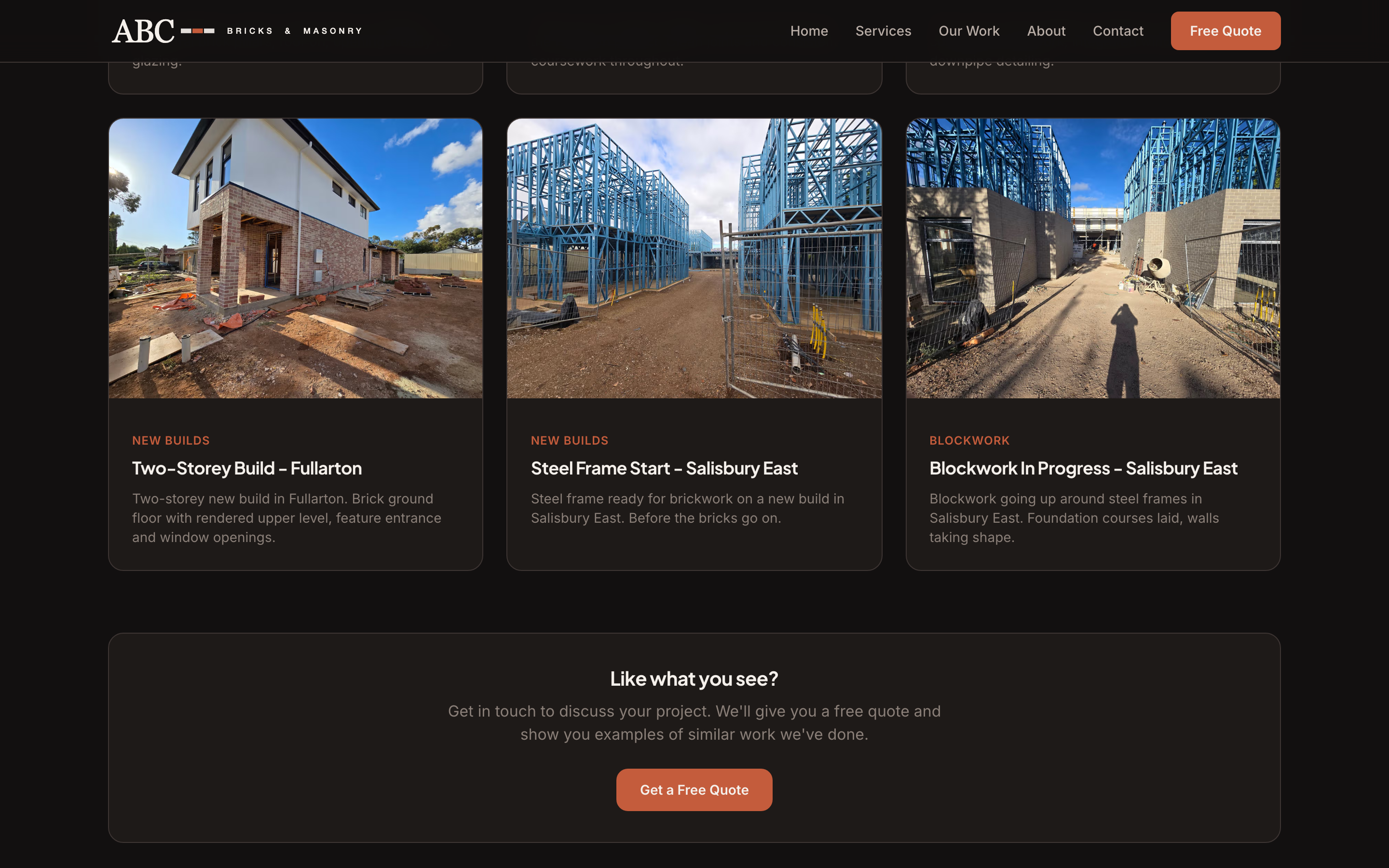 ABC Bricks Two-Storey Build progression: steel frame, blockwork in progress, and the finished two-storey home