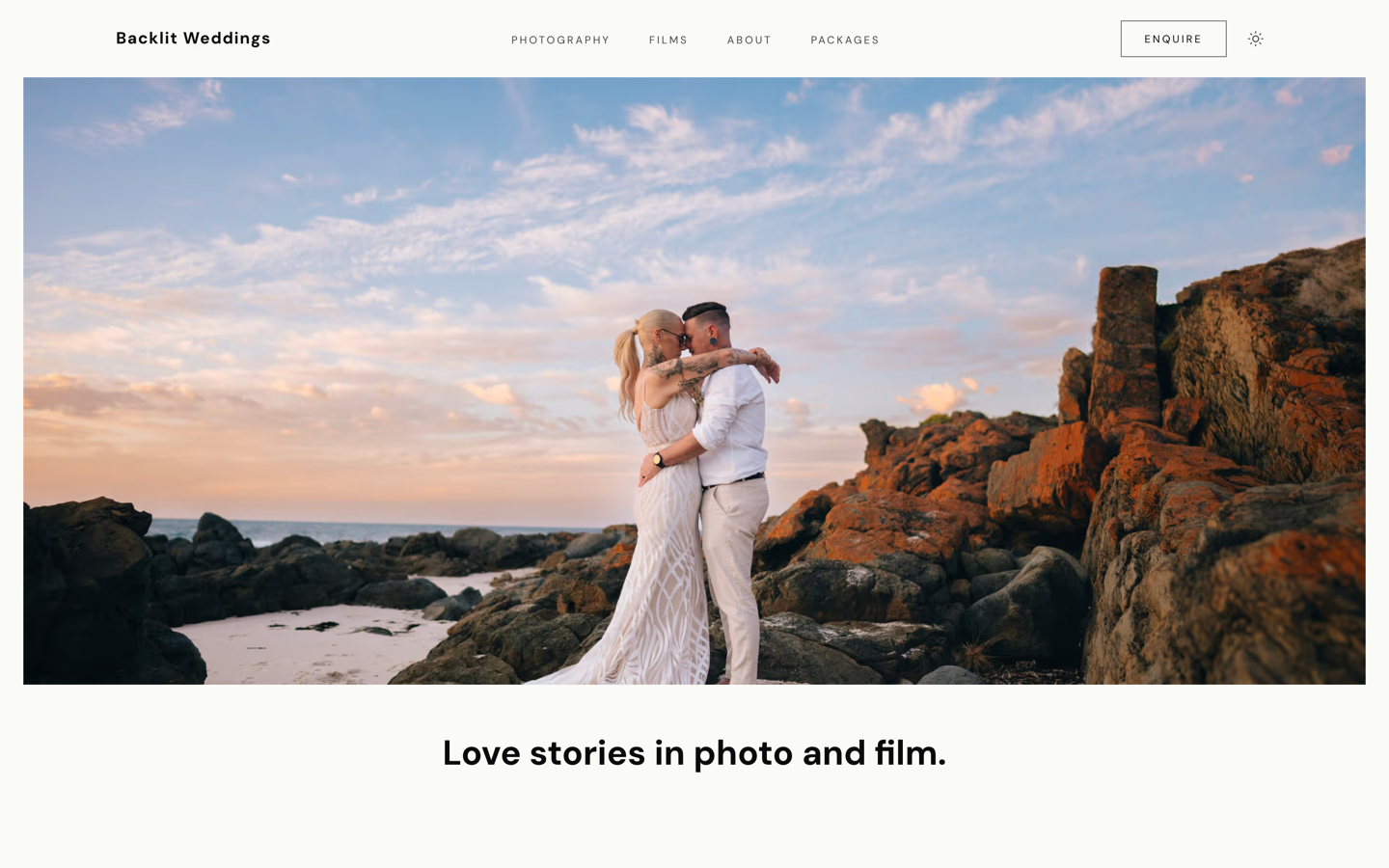 Backlit Weddings homepage with full-bleed cinema photography hero