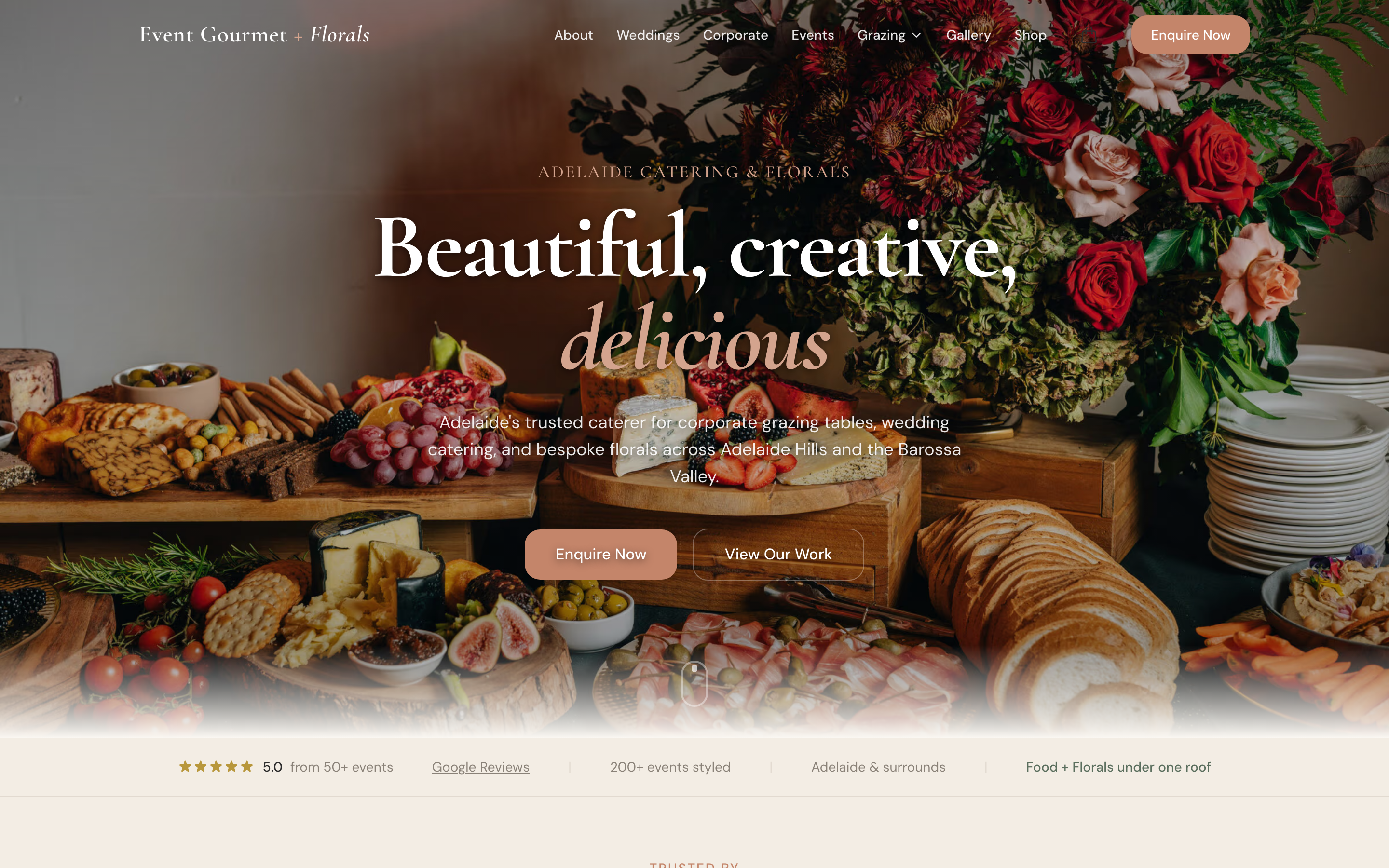 Event Gourmet & Florals homepage with photography-led hero